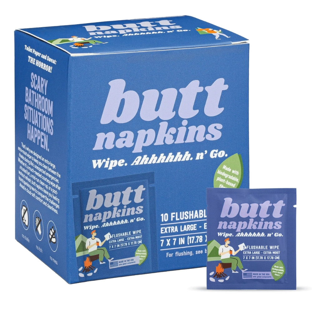 Butt Napkins blauwe doos met 10 extra grote, vochtige en doorspoelbare toiletdoekjes (7x7 inch)