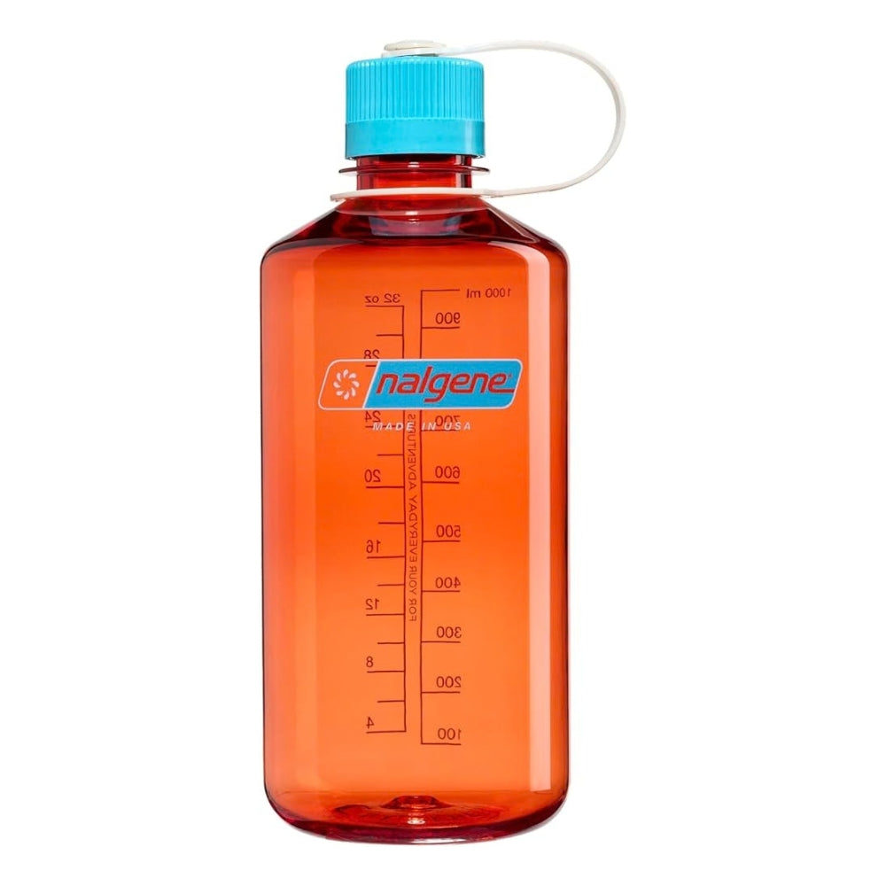 Nalgene Wide-Mouth waterfles 1000ml van transparant oranje kunststof met een helderblauwe schroefdop