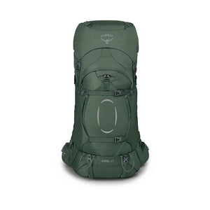 Osprey Ariel 65 dames trekkingrugzak in de kleur Koseret Green, van voren gezien met compressiebanden en voorvak