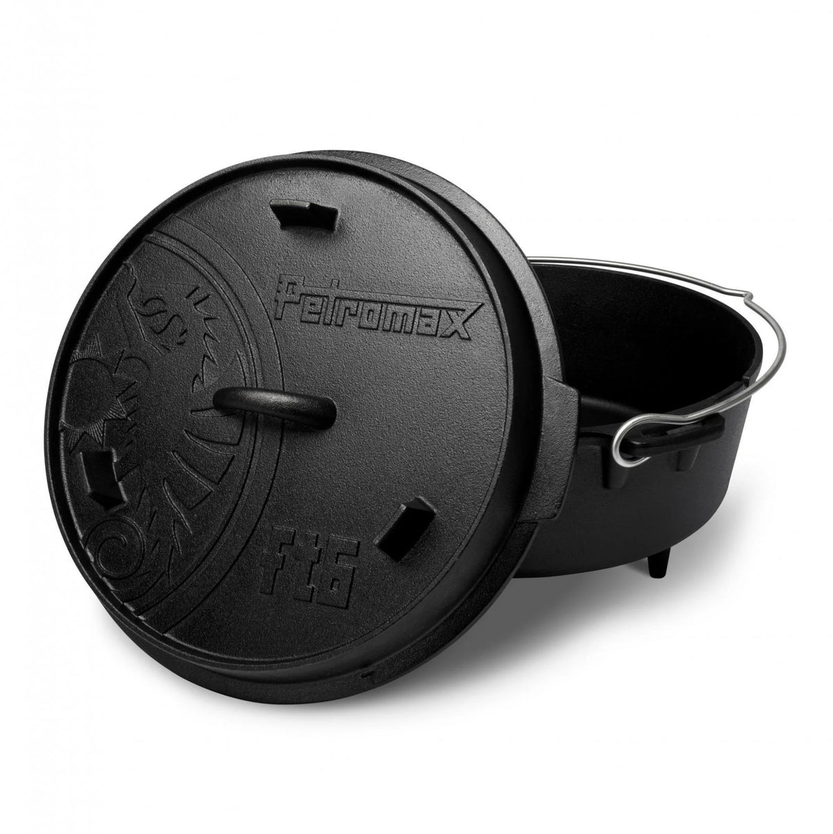 Gietijzeren Petromax ft6 Dutch Oven met pootjes en een multifunctioneel deksel voor koken direct in de hete kolen.