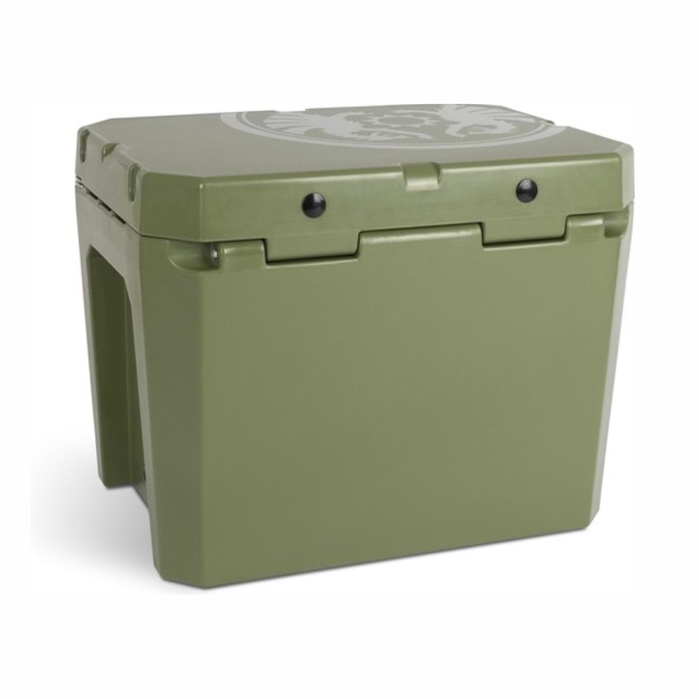 Robuuste olijfgroene Petromax kx25 passieve koelbox van 25 liter met dikke PU-isolatie en rubberen sluitingen voor kamperen zonder stroom.