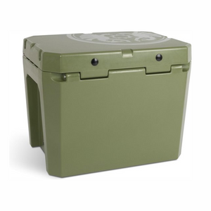 Robuuste olijfgroene Petromax kx25 passieve koelbox van 25 liter met dikke PU-isolatie en rubberen sluitingen voor kamperen zonder stroom.
