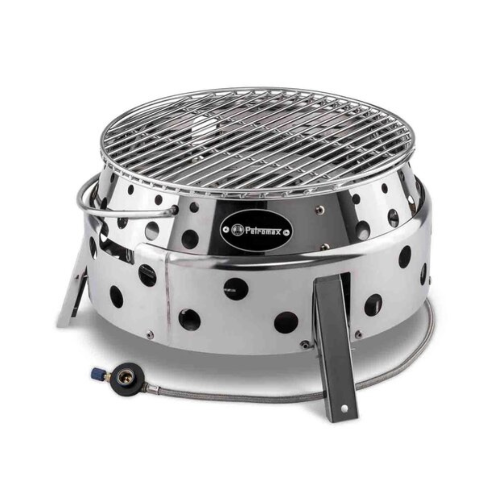 Petromax Atago Gasgrill draagbare gasbarbecue van roestvrij staal met een inklapbaar onderstel en ronde brander