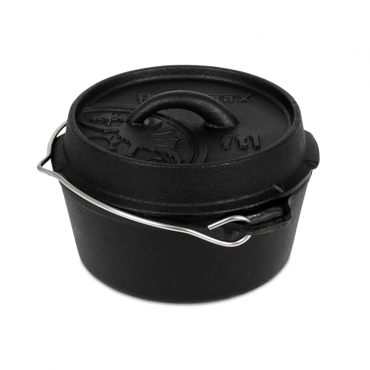 Mini gietijzeren Petromax ft1 Dutch Oven van 0,93 liter zonder pootjes met een vlakke bodem en stalen hengsel voor fornuizen en barbecues.