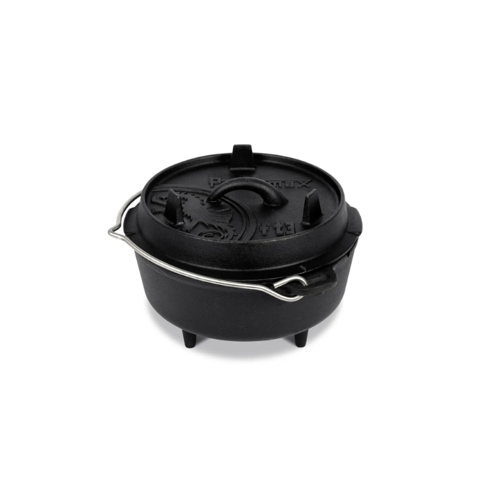 Compacte gietijzeren Petromax ft3 Dutch Oven met pootjes en een inhoud van 1,6 liter voor koken in hete kolen.