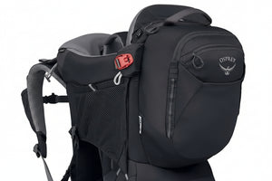 Osprey Poco Premium Child Carrier Black comfortabele zwarte kinderdrager met ingebouwd zonnescherm en opbergvak