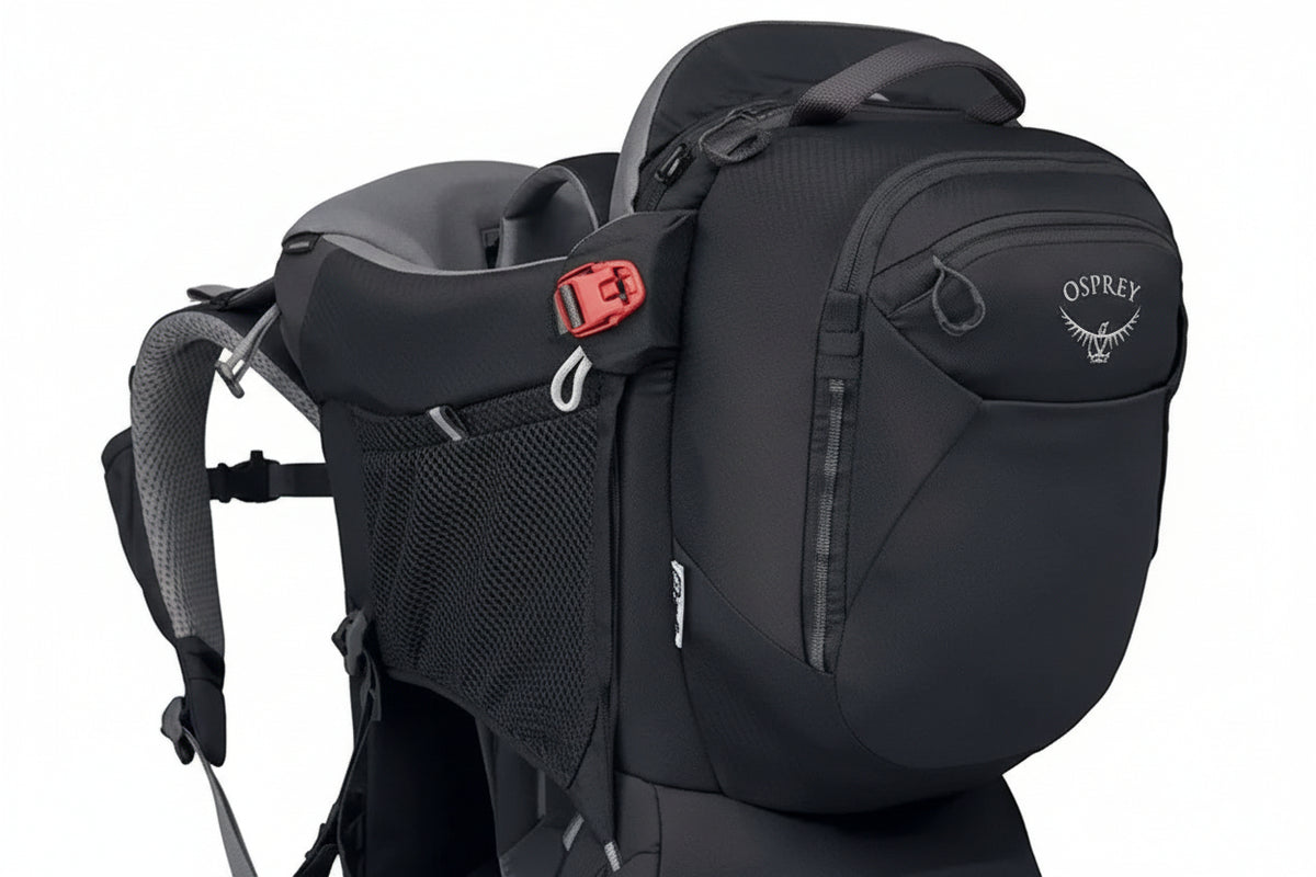 Osprey Poco Premium Child Carrier Black comfortabele zwarte kinderdrager met ingebouwd zonnescherm en opbergvak