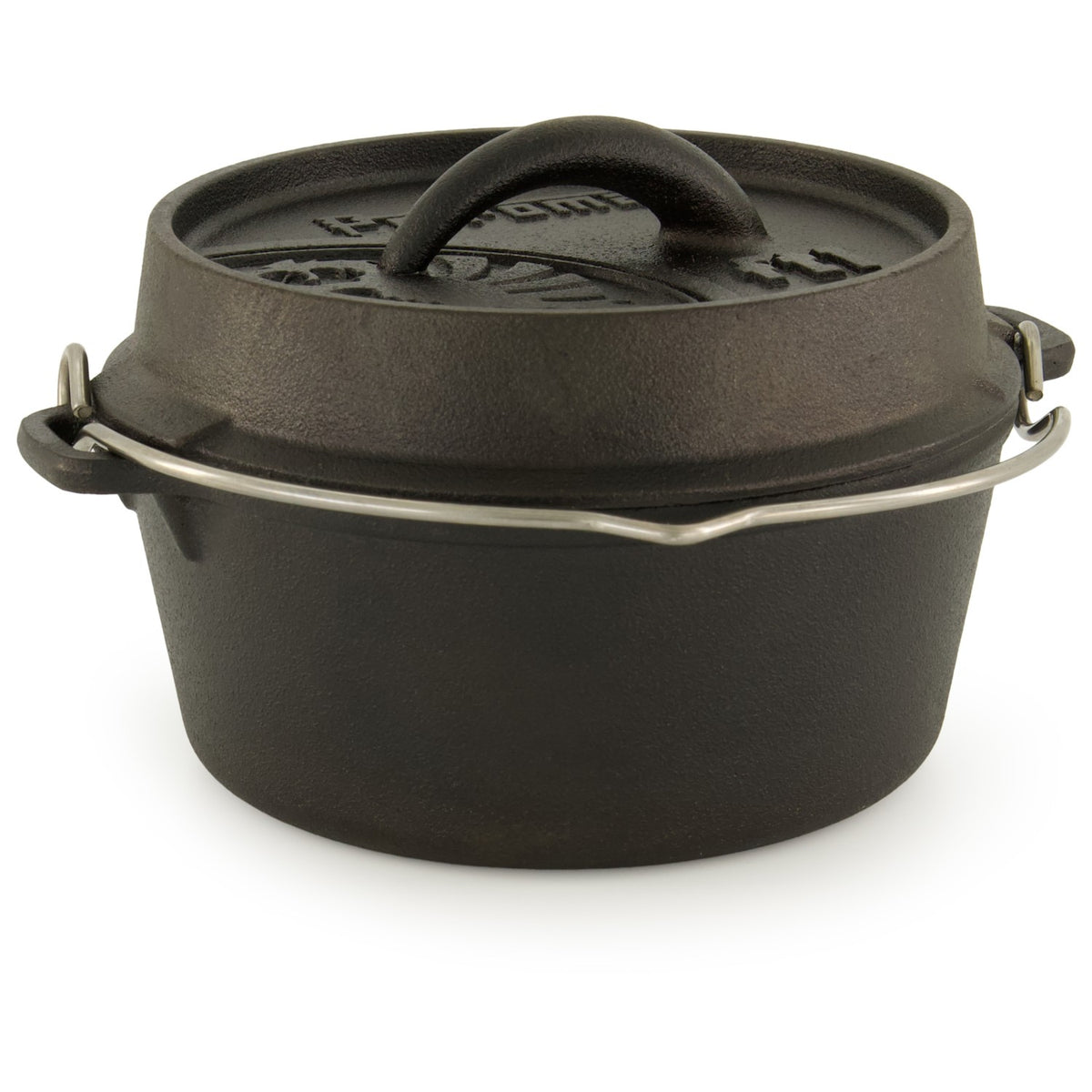 Mini gietijzeren Petromax ft1 Dutch Oven van 0,93 liter zonder pootjes met een vlakke bodem en stalen hengsel voor fornuizen en barbecues.