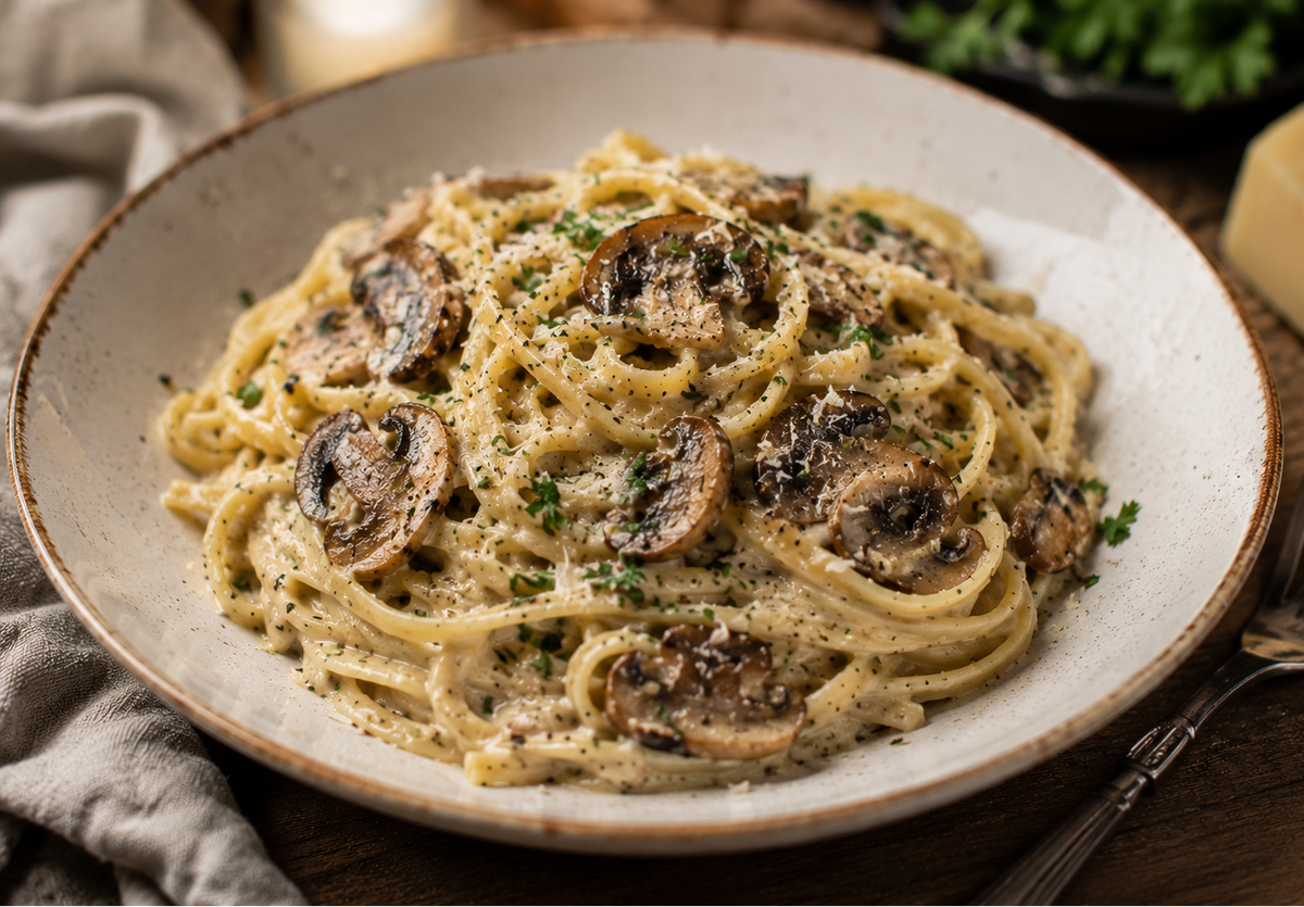 Romige pasta met champignons en peterselie, geserveerd in een rond bord op een houten tafel met een vork ernaast.