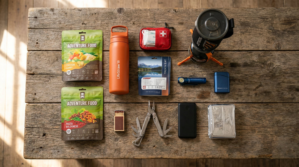 Een compleet noodpakket samenstellen met Adventure Food, een LifeStraw fles en outdoor survivaluitrusting op een houten tafel