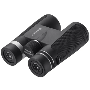 Barska 10x42 zwarte dakkant verrekijker met rubberen antislipstructuur, centrale scherpstelknop en zilveren ringen