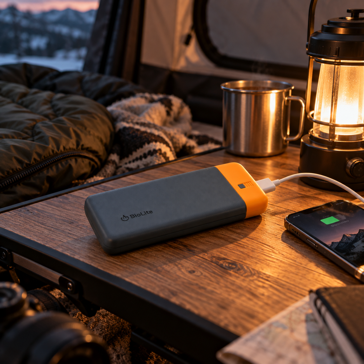 BioLite Charge PD oplaadbare powerbank in grijs en oranje die een smartphone oplaadt op een houten tafel in een camper
