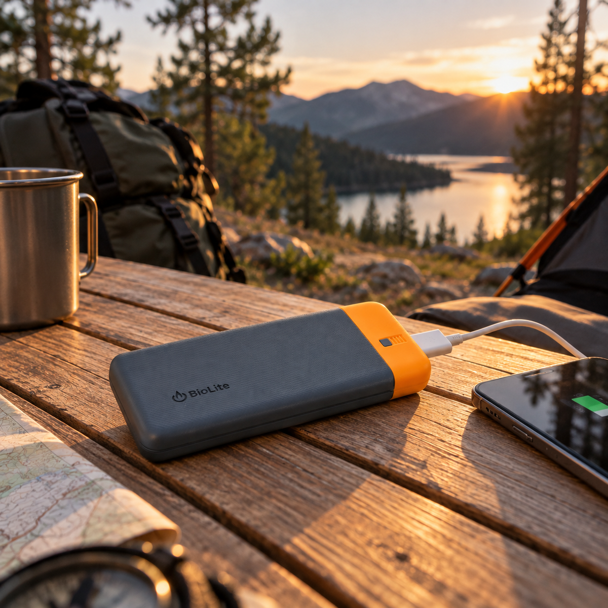 BioLite Charge PD oplaadbare powerbank in grijs en oranje die een smartphone oplaadt op een houten tafel bij een meer