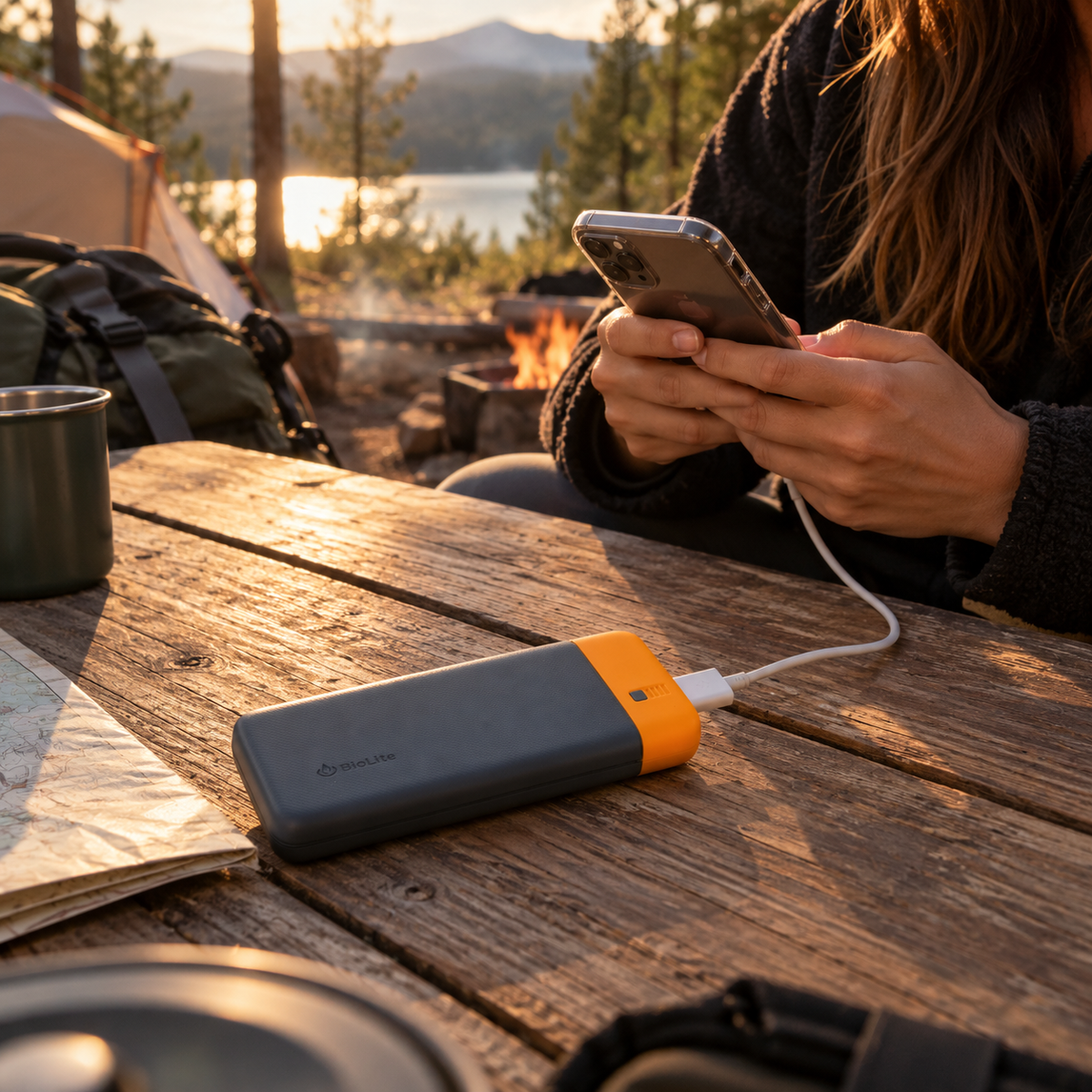 BioLite Charge PD oplaadbare powerbank in grijs met oranje die een smartphone oplaadt op een houten kampeertafel bij een tent