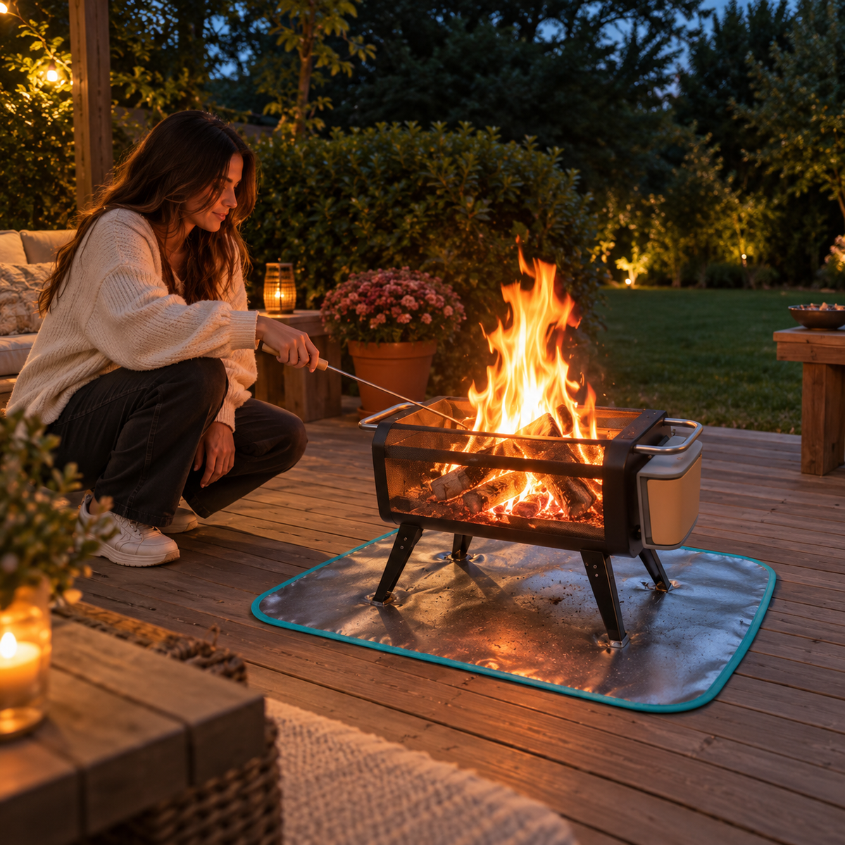 BioLite FirePit+ hittebestendige onderlegmat en beschermmat onder de rookloze vuurkorf op een houten vlonder
