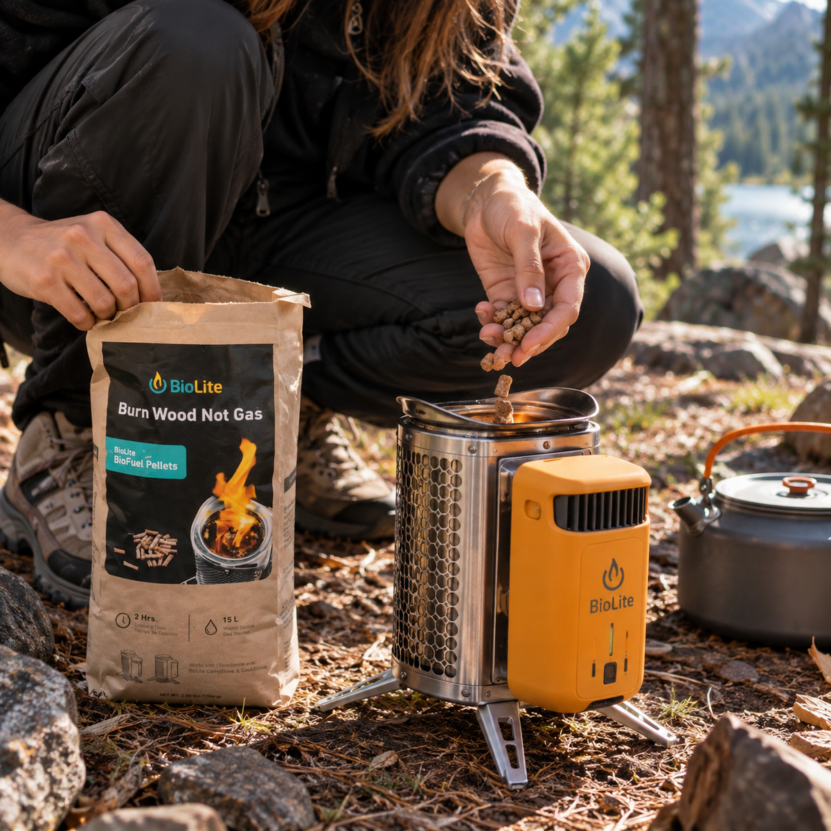 BioLite CampStove 2+ houtvergasser en een zak BioFuel Pellets die worden bijgevuld in de natuur