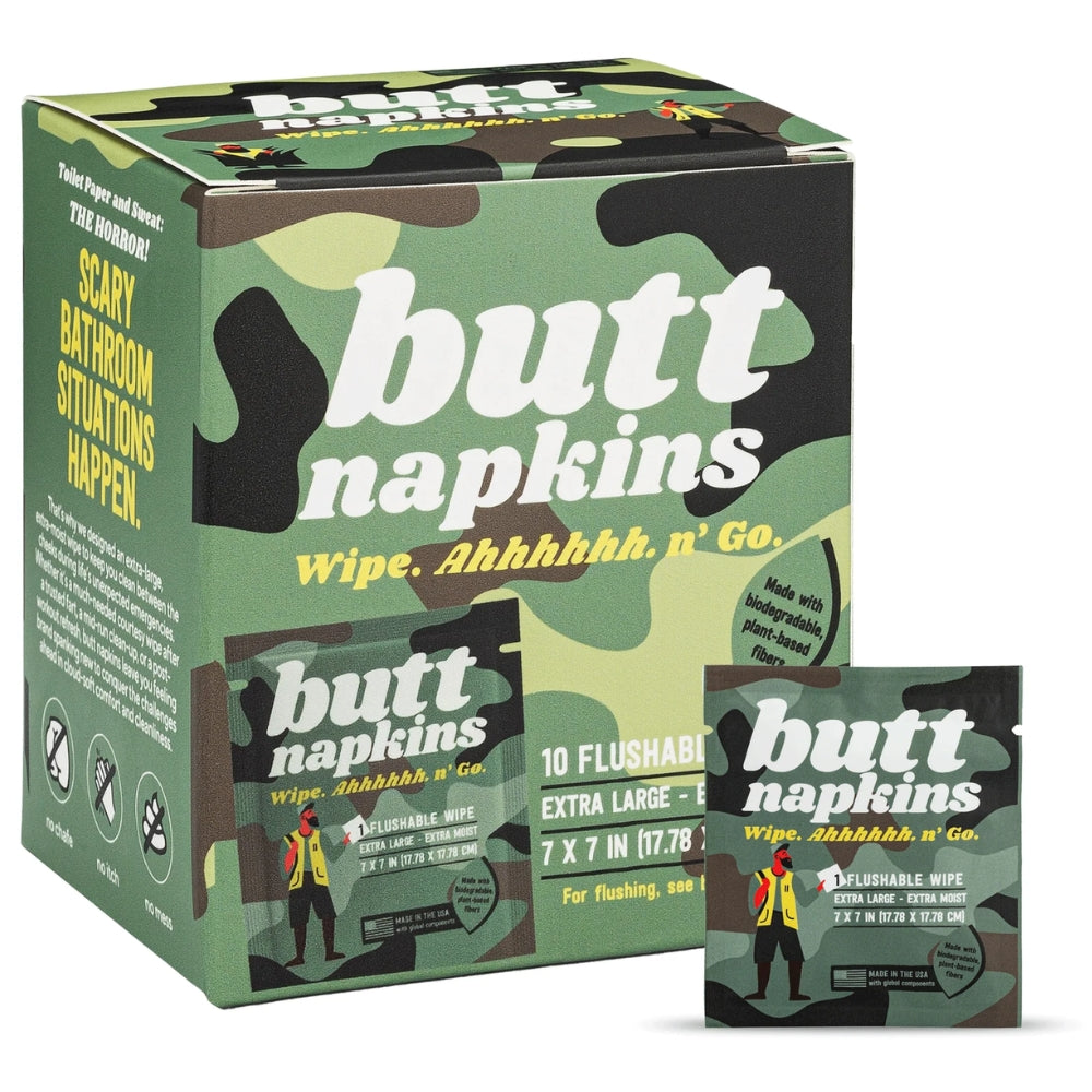 Butt Napkins camouflagekleurige doos met 10 biologisch afbreekbare, extra grote, vochtige flushable wipes (7x7 inch)
