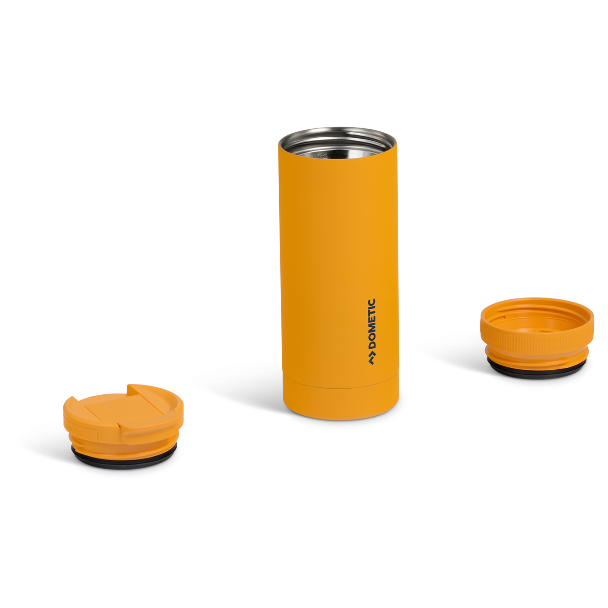 Dometic Tumbler 500ml gele beker getoond met losse onderdelen en dopjes