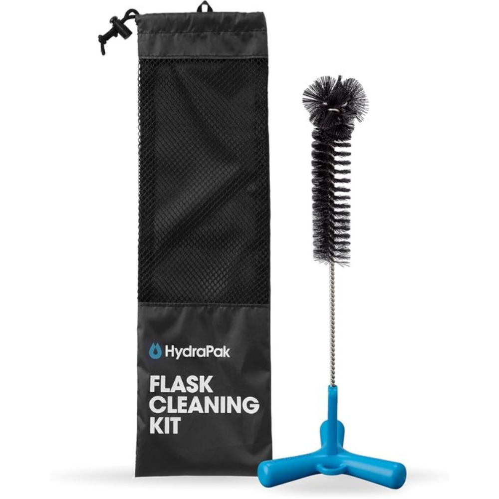Hydrapak Flaskflex Bottle Cleaning Kit reinigingsset met zwarte opbergzak en blauwe flessenborstel   