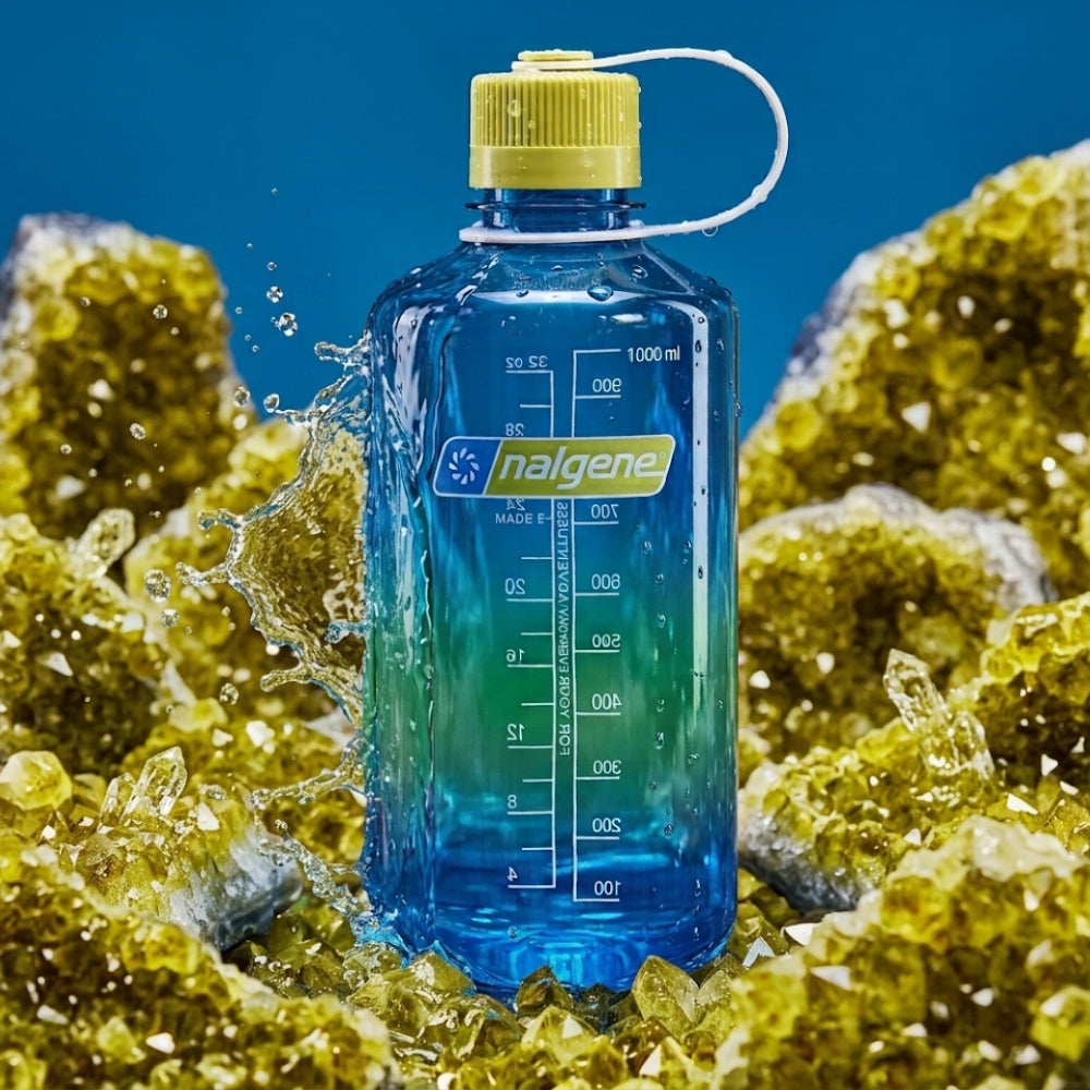 Nalgene Wide-Mouth waterfles 1000ml blauw met gele dop omringd door onderwatergele sponzen   