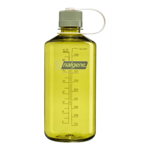 Nalgene Wide-Mouth waterfles 1000ml in licht groengele kunststof tint met een grijze schroefdop   