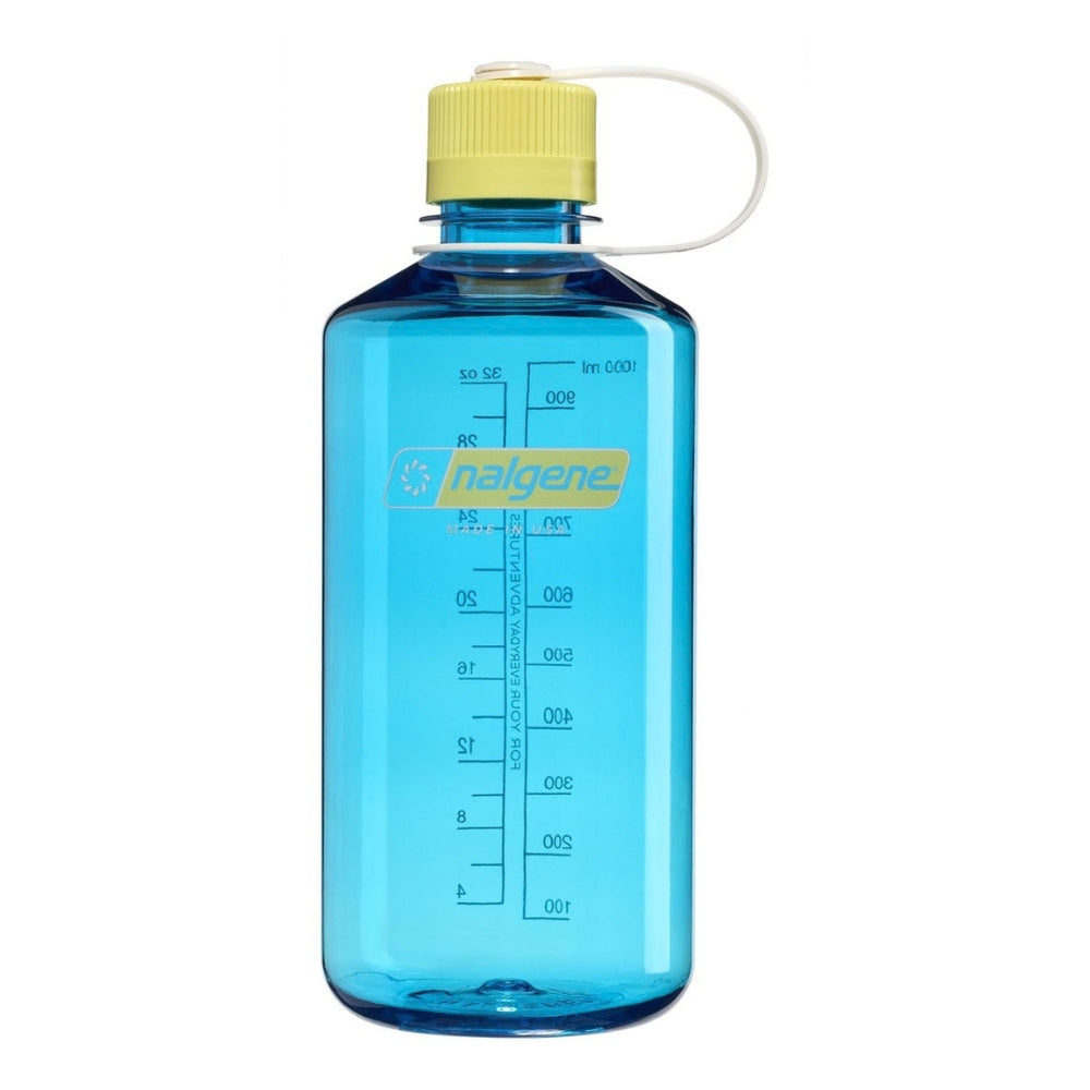 Nalgene Wide-Mouth waterfles 1000ml transparant blauwe kunststof fles met een gele schroefdop   