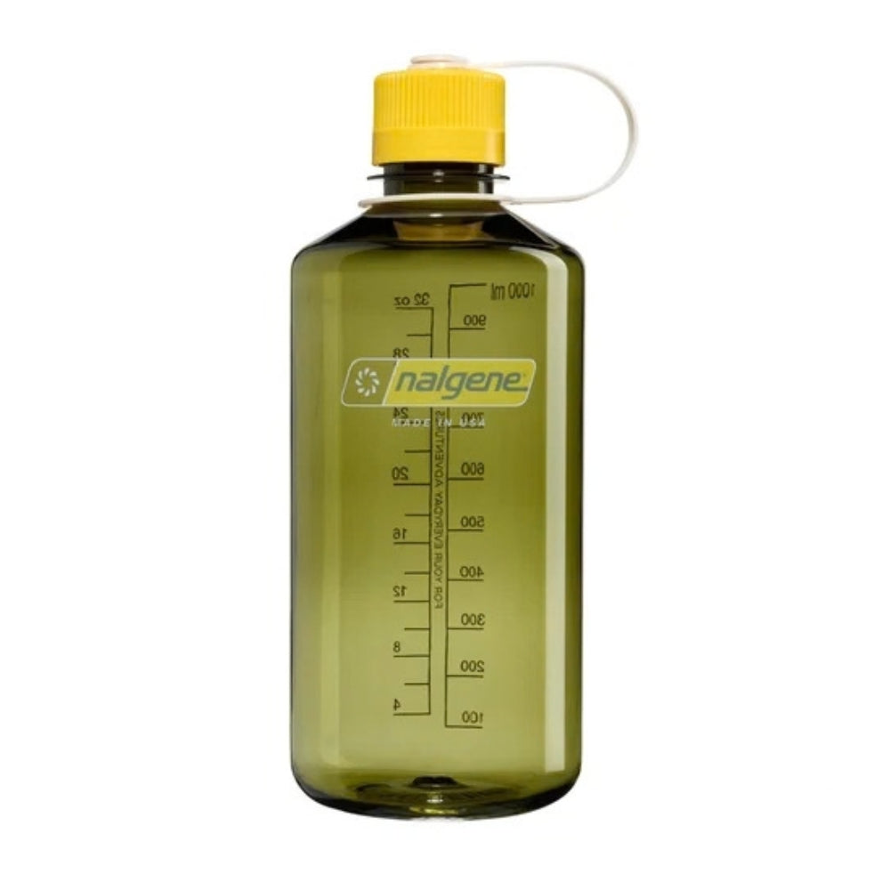 Nalgene Wide-Mouth waterfles 1000ml olijfgroene kunststof drinkfles voorzien van een gele schroefdop   
