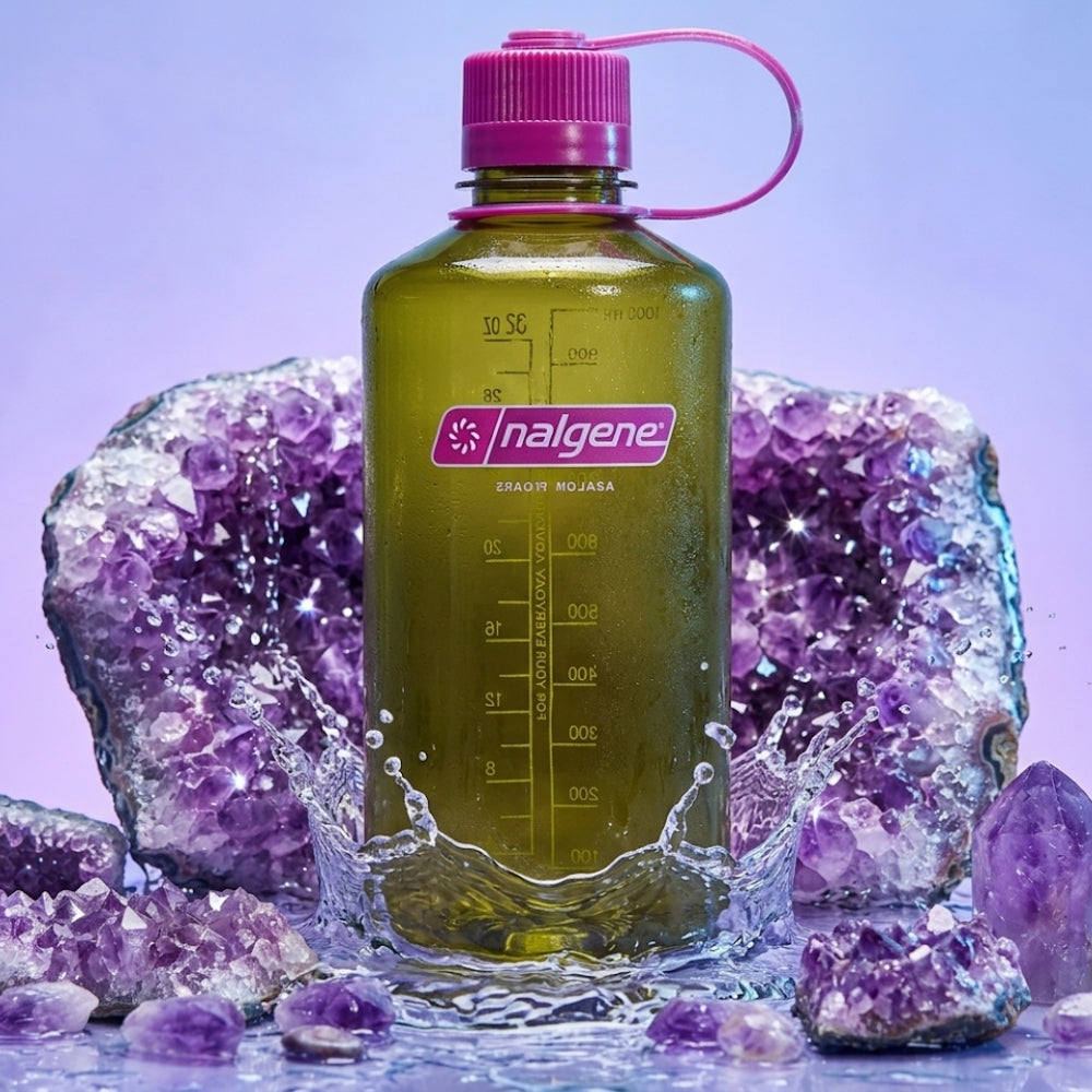 Nalgene Wide-Mouth waterfles 1000ml olijfgroen gepresenteerd op een paarse amethist cluster
