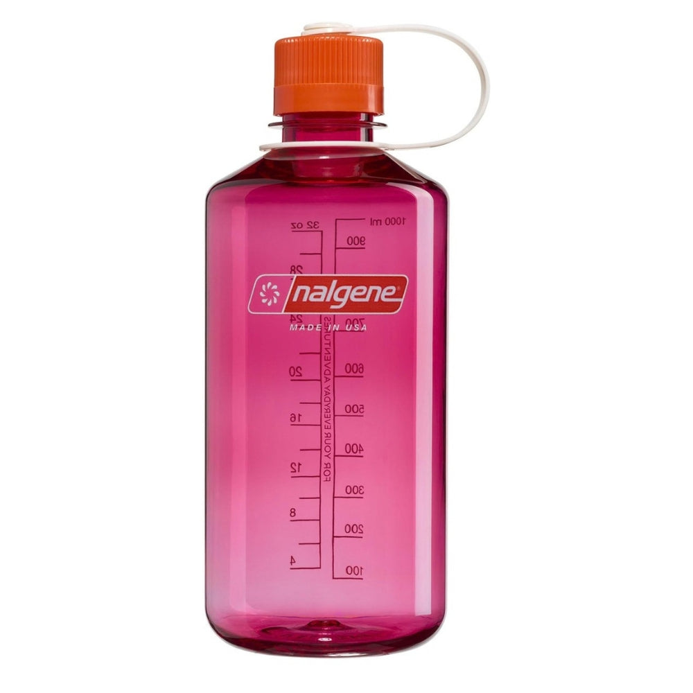 gene Wide-Mouth waterfles 1000ml gemaakt van kunststof in transparant roze met helderrode schroefdop   