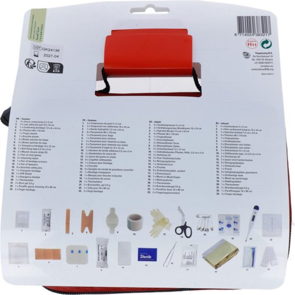 Care Plus First Aid Kit Emergency inhoud met verbandmiddelen, pleisters, verbandschaar, pincet en een thermometer