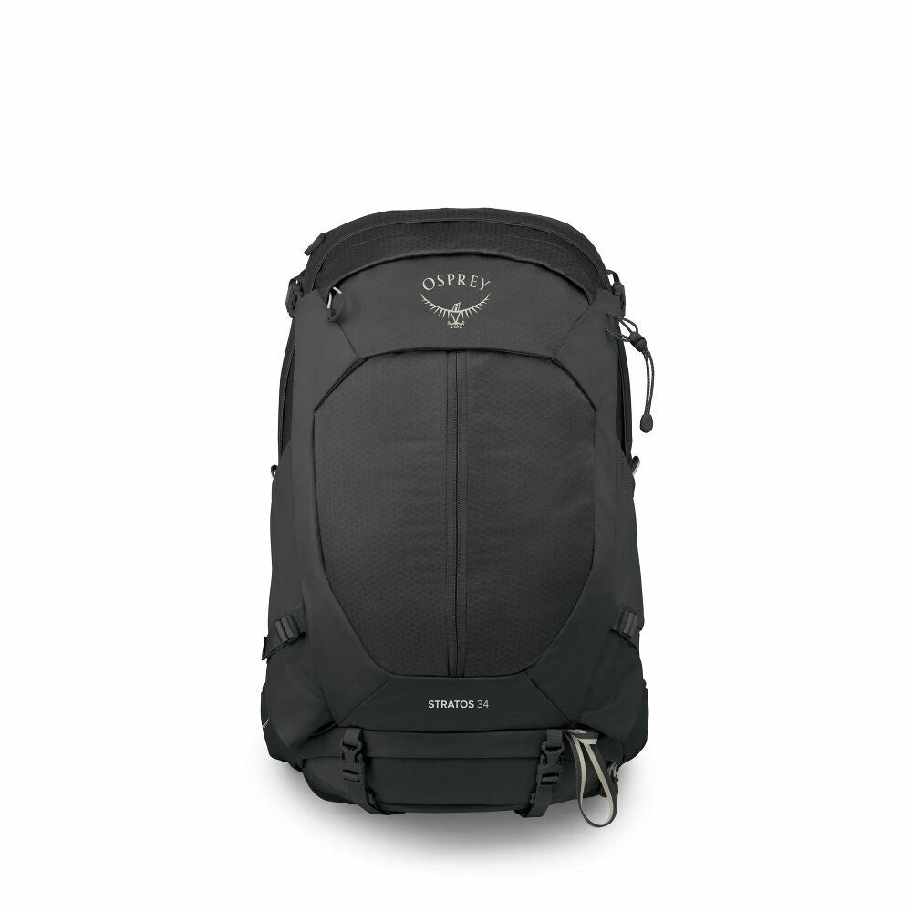 Osprey Stratos 34 Raven Black zwarte wandelrugzak van de voorkant met het Osprey logo en bevestigingslussen