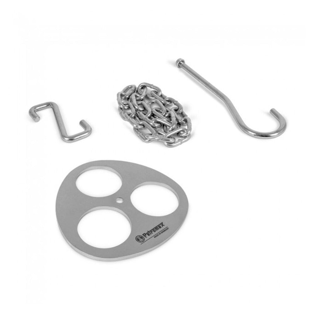 RVS Petromax driepoot ring met ketting en haak om zelf een houten driepoot te bouwen voor een Dutch Oven boven het kampvuur.