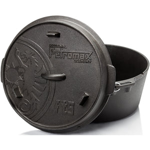 Petromax gietijzeren Dutch Oven ft9 zonder pootjes met een vlakke bodem en een multifunctioneel deksel voor outdoor koken.