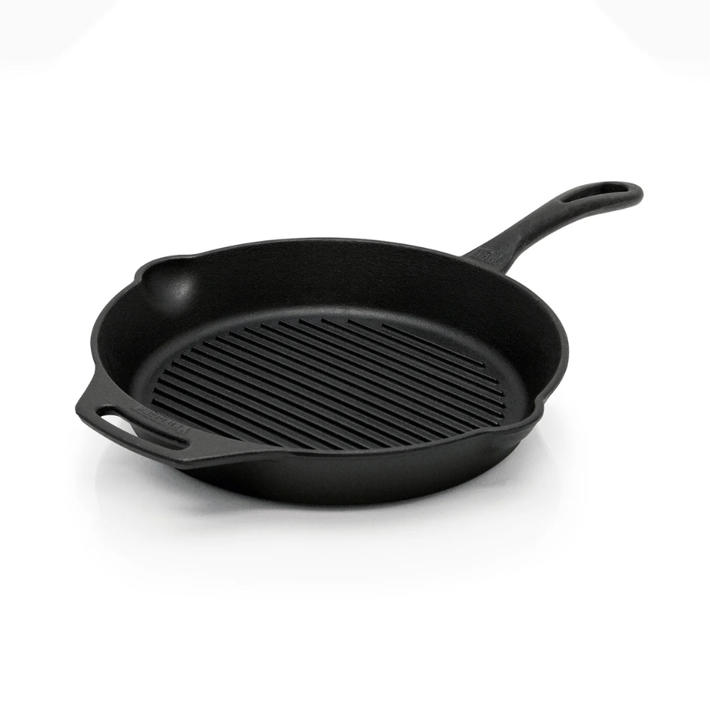 Petromax GP30T gietijzeren grillpan skillet met een diameter van 30 centimeter, een geribbelde bodem en een lange steel