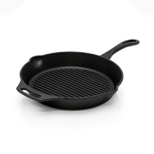 Petromax GP30T gietijzeren grillpan skillet met een diameter van 30 centimeter, een geribbelde bodem en een lange steel