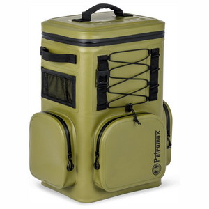 Waterdichte Petromax koelrugzak met een inhoud van 17 liter, voorzien van dikke isolatie en gewatteerde schouderbanden voor outdoor activiteiten.