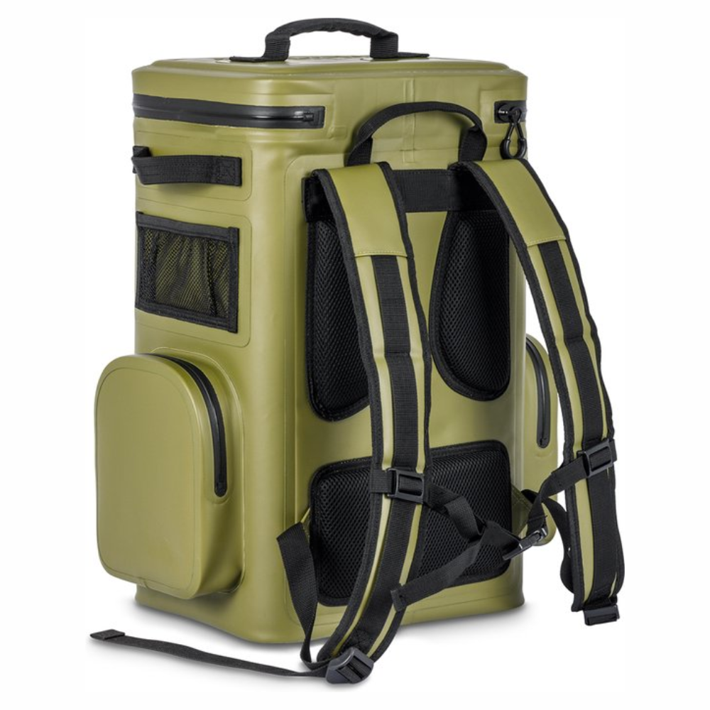 Waterdichte Petromax koelrugzak met een inhoud van 17 liter, voorzien van dikke isolatie en gewatteerde schouderbanden voor outdoor activiteiten.
