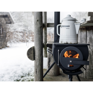 Petromax Loki2 tentkachel set met inklapbare poten, kachelpijp en glazen ruitje voor het verwarmen en koken in outdoor tenten.