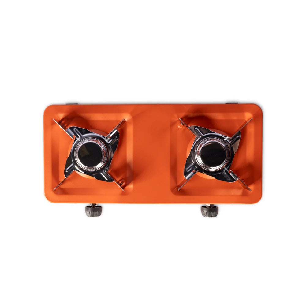 Vango Blaze dubbel 2-pits gas kooktoestel met twee roestvrijstalen branders en een compacte zwarte behuizing 4