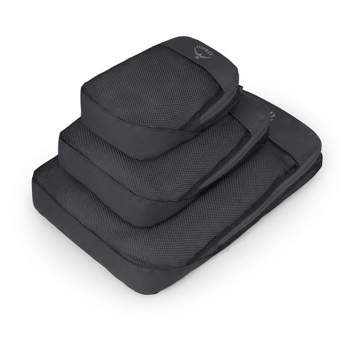 Osprey Ultralight Packing Cube Set in het zwart bestaande uit drie lichtgewicht opbergtassen van verschillende formaten voor bagage