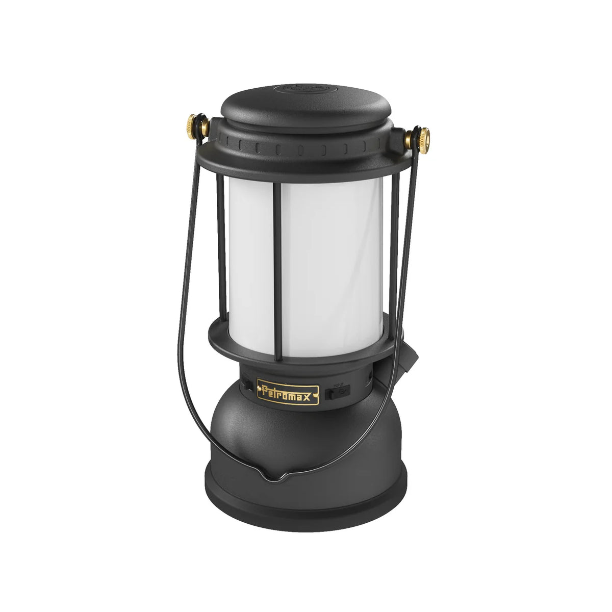 Zwarte Petromax LED lantaarn in klassiek retro design met dimbare verlichting en draaghendel voor op de camping.