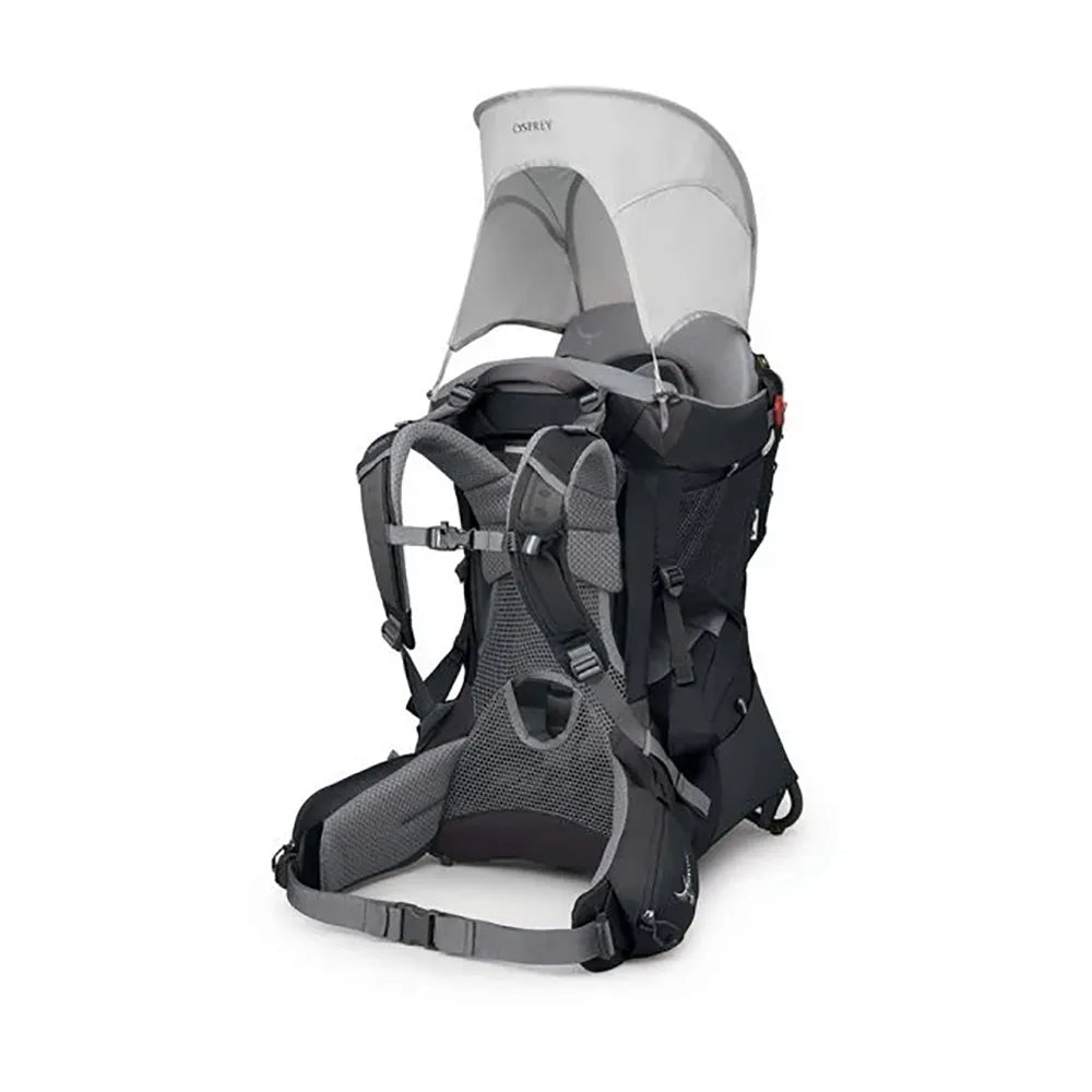 Osprey Poco Premium Child Carrier Black comfortabele zwarte kinderdrager met ingebouwd zonnescherm en opbergvak