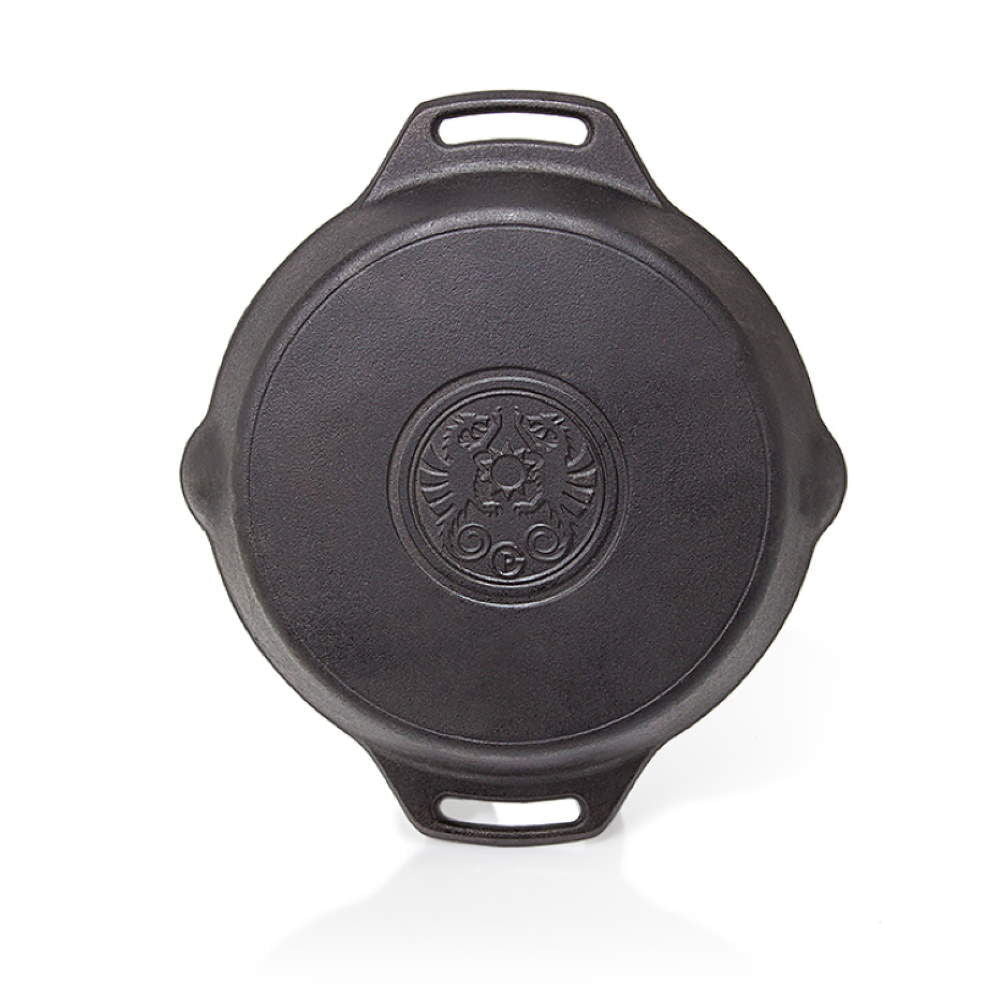 Gietijzeren Petromax skillet fp25h met een diameter van 25 cm, uitgerust met twee zijdelingse handgrepen en schenktuiten voor outdoor koken.