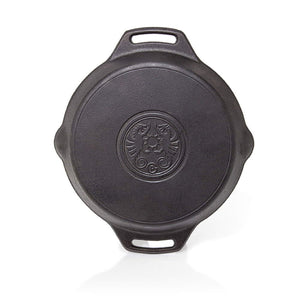 Gietijzeren Petromax skillet fp25h met een diameter van 25 cm, uitgerust met twee zijdelingse handgrepen en schenktuiten voor outdoor koken.